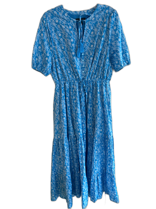Saks Fifth Ave Size Medium Blue & White Cotton Short Sleeve Floral Print Dress Blue & White / Medium
