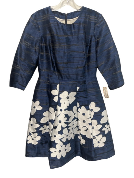 Carolina Herrera Size 8 Blue & Silver Acetate & Silk Pleated Floral Print Dress Blue & Silver / 8