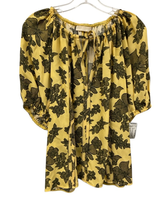 Ulla Johnson Size 10 Yellow & Black Viscose Short Puff Sleeve Floral Top Yellow & Black / 10