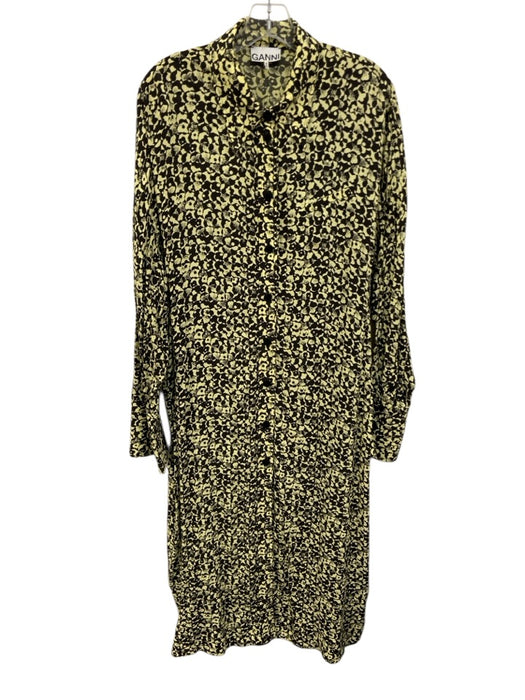 Ganni Size 42 Yellow & Black Viscose Long Sleeve Floral Button Front Midi Dress Yellow & Black / 42