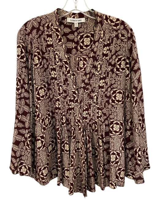 Elizabeth & James Size Medium Burgundy & Cream Silk Long Flare Sleeve Dress Burgundy & Cream / Medium