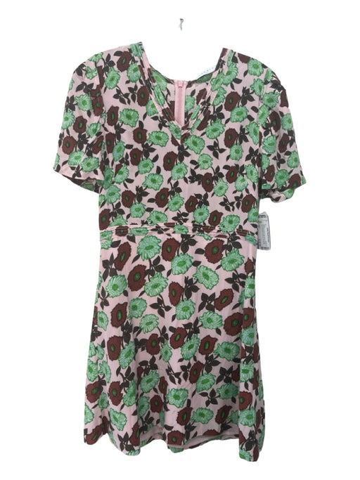 Sandro Size 40 Pink Green Brown Silk Floral V Neck Short Puff Sleeve Dress Pink Green Brown / 40