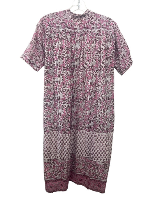 Matta Size S White & Pink Cotton Floral Short Sleeve V Neck Pocketed Dress White & Pink / S