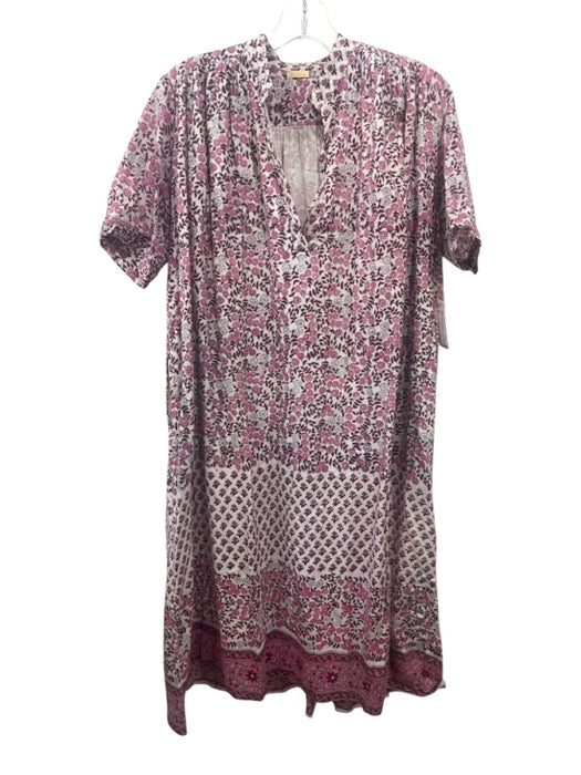 Matta Size S White & Pink Cotton Floral Short Sleeve V Neck Pocketed Dress White & Pink / S