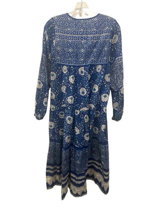 Matta Size S Blue & White Cotton Floral Long Balloon Sleeve Tie Neck Dress Blue & White / S