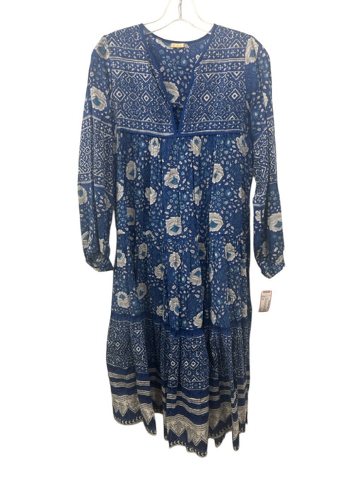 Matta Size S Blue & White Cotton Floral Long Balloon Sleeve Tie Neck Dress Blue & White / S