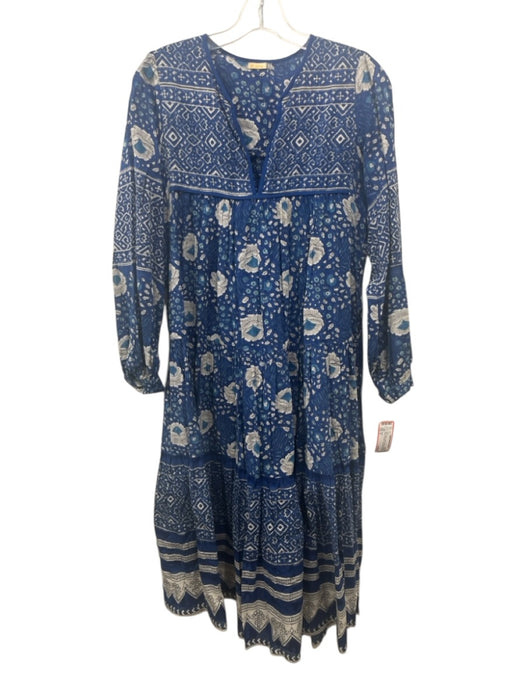 Matta Size S Blue & White Cotton Floral Long Balloon Sleeve Tie Neck Dress Blue & White / S