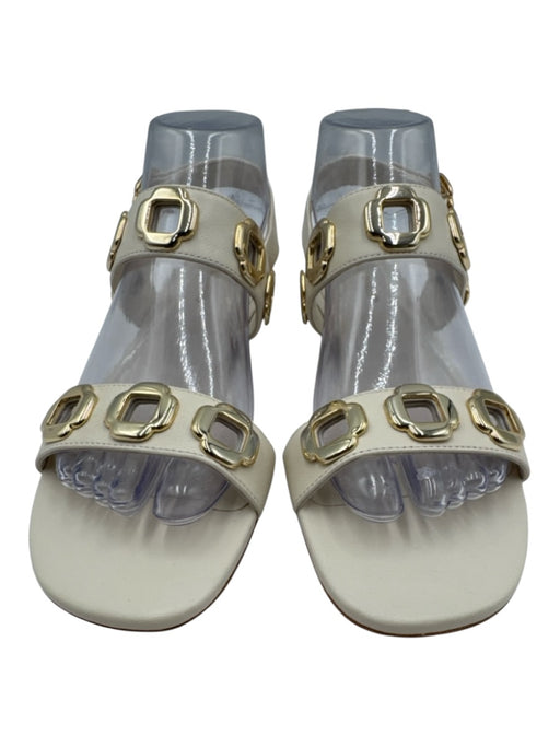 Larroude Shoe Size 8 Cream & Gold Leather Metal Detail Ankle Buckle Flat Sandals Cream & Gold / 8