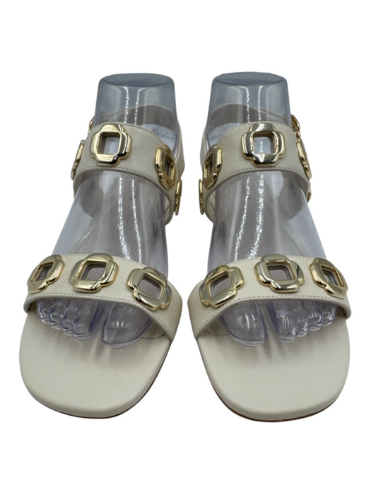 Larroude Shoe Size 8 Cream & Gold Leather Metal Detail Ankle Buckle Flat Sandals Cream & Gold / 8