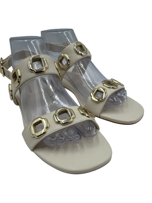 Larroude Shoe Size 8 Cream & Gold Leather Metal Detail Ankle Buckle Flat Sandals Cream & Gold / 8