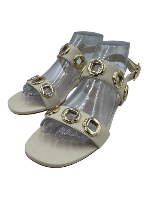 Larroude Shoe Size 8 Cream & Gold Leather Metal Detail Ankle Buckle Flat Sandals Cream & Gold / 8