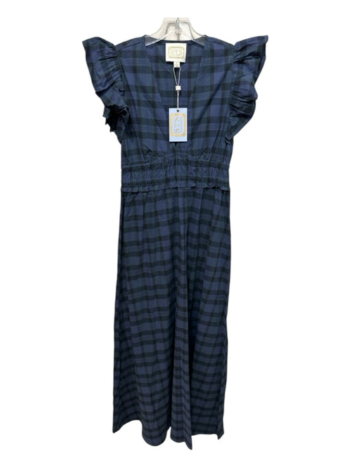 Sail To Sable Size XS Blue & Black Cotton Ruffle Cap Sleeve Plaid V Neck Dress Blue & Black / XS