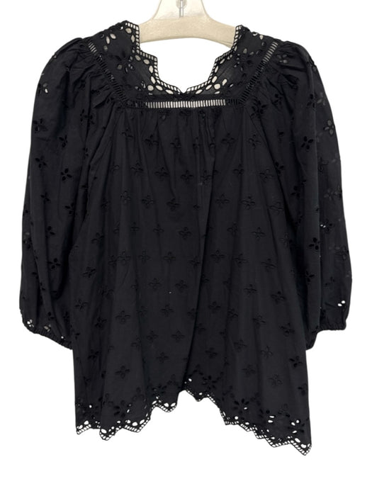 Marea Size Small Black Cotton Long puff sleeve Floral Eyelet Ladder Lace Top Black / Small