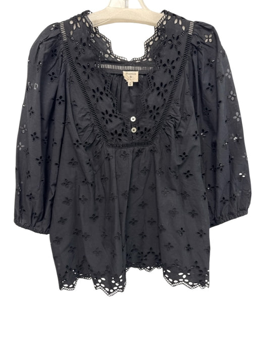 Marea Size Small Black Cotton Long puff sleeve Floral Eyelet Ladder Lace Top Black / Small