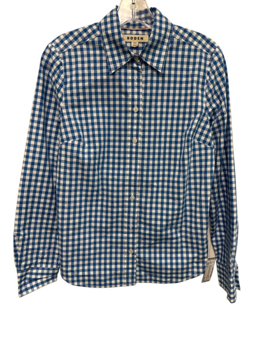 Boden Size 4 Blue & White Cotton Long Sleeve Gingham Button Front Collar Top Blue & White / 4