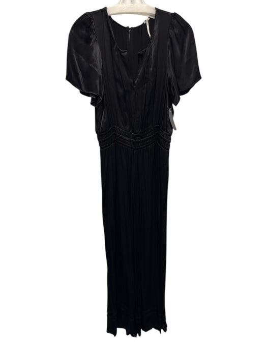 By Anthropologie Size Small Black Long puff sleeve Split Neck Satin Jumpsuit Black / Small