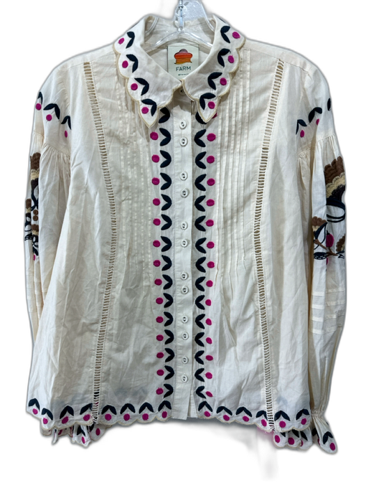 Farm Rio Size XS Beige & Multi Cotton Embroidered Button Up Top Beige & Multi / XS