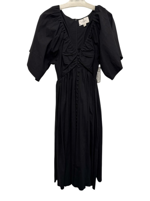 Pomander Place Size Small Black Short Sleeve Button Detail Ruched Shirred Dress Black / Small