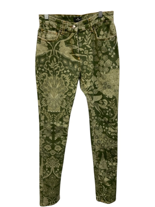 Etro Size 26 Green Cotton Blend Zip & Button Printed Mid Rise Skinny Jeans Green / 26