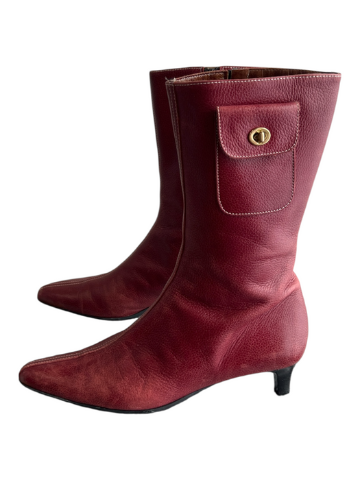 Coach Shoe Size 7 Red Pebbled Leather Side Zip Pointed Toe Kitten Heel Boots Red / 7