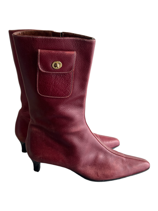 Coach Shoe Size 7 Red Pebbled Leather Side Zip Pointed Toe Kitten Heel Boots Red / 7