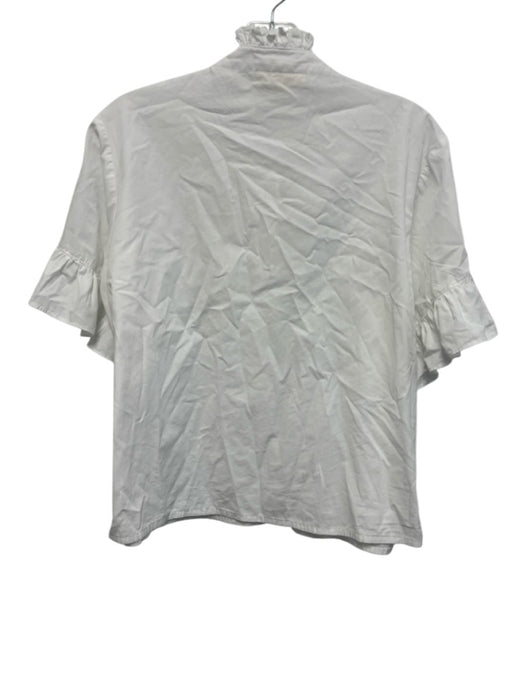 LaRoque Size M White Cotton Trumpet Sleeve Ruffles Button Up High Neck Top White / M