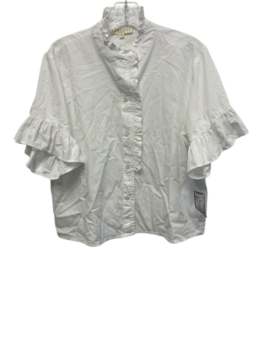 LaRoque Size M White Cotton Trumpet Sleeve Ruffles Button Up High Neck Top White / M