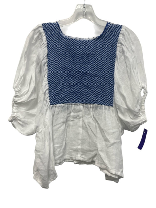 Nina Leuca Size S White & Blue Linen & Cotton Short Puff Sleeve Fringe Top White & Blue / S