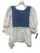 Nina Leuca Size S White & Blue Linen & Cotton Short Puff Sleeve Fringe Top White & Blue / S