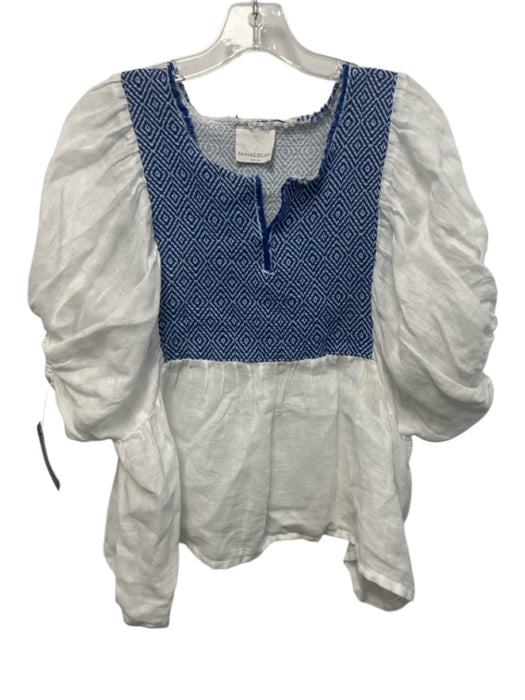 Nina Leuca Size S White & Blue Linen & Cotton Short Puff Sleeve Fringe Top White & Blue / S