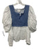 Nina Leuca Size S White & Blue Linen & Cotton Short Puff Sleeve Fringe Top White & Blue / S