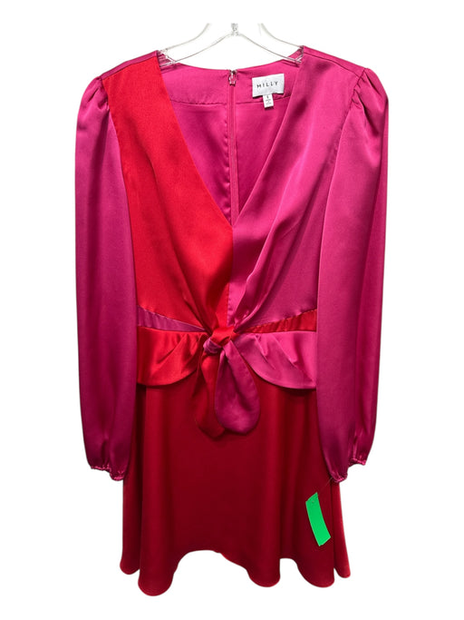 Milly Size 8 Red & Pink Polyester Satin Color Block Long Puff Sleeve Mini Dress Red & Pink / 8