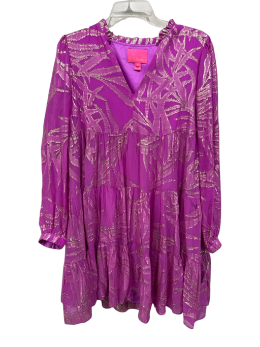 Lilly Pulitzer Fuchsia & Gold Silk Blend Metallic Thread Gathered V Neck Dress Fuchsia & Gold
