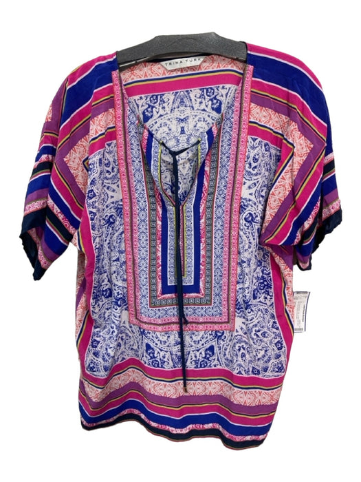 Trina Turk Size S Blue, Pink & Multi Silk V Neck All Over Print Short Sleeve Top Blue, Pink & Multi / S
