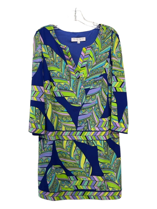 Trina Turk Size 12 Blue, Green & Purple Polyester V Neck Feather Print Dress Blue, Green & Purple / 12