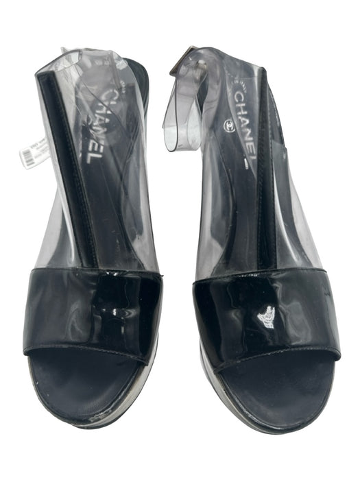 Chanel Shoe Size 37 Black Clear Leather Plastic Peep Toe Ankle Buckle Pumps Labels Resale Boutique