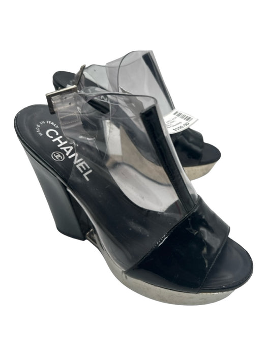 Chanel Shoe Size 37 Black & Clear Leather & Plastic Peep Toe Ankle Buckle Pumps Black & Clear / 37