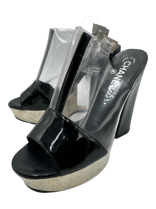 Chanel Shoe Size 37 Black & Clear Leather & Plastic Peep Toe Ankle Buckle Pumps Black & Clear / 37