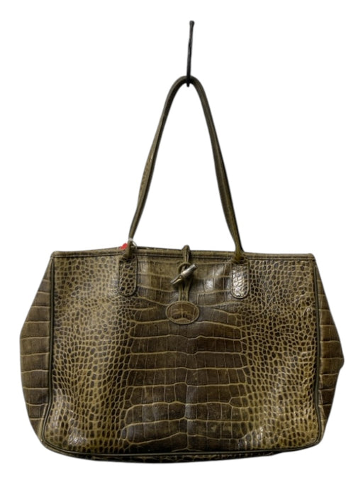 Longchamp Greenish Brown Leather Reptile Embossed 2 handles Toggle Closure Bag Greenish Brown / Medium