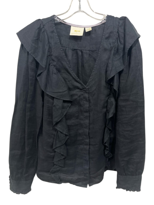 Maeve Size 12 Black Linen V Neck Ruffles Long Sleeve Button Front Top Black / 12