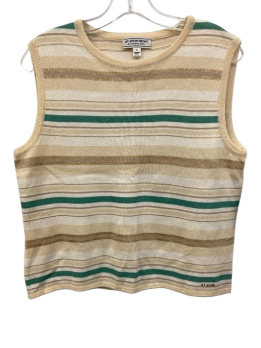 St. John Sport Size M Cream, Green & Gold Wool Blend Knit Horizontal Stripe Top Cream, Green & Gold / M