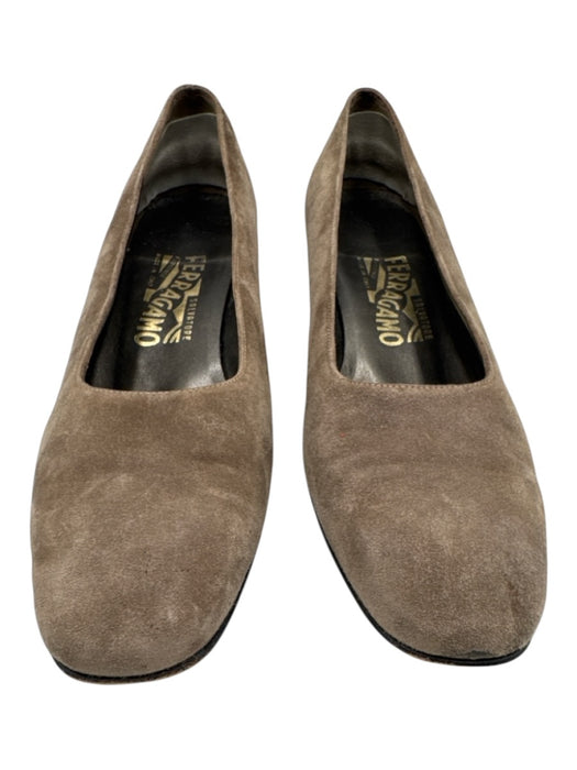 Salvatore Ferragamo Shoe Size 9.5 AA Taupe Suede Square Toe Block Heel Flats Taupe / 9.5 AA