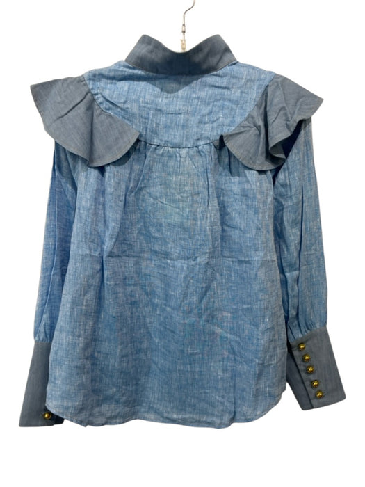 Tuckernuck Size S Blue Linen Long Sleeve Ruffle Shoulder Detail Button Front Top Blue / S