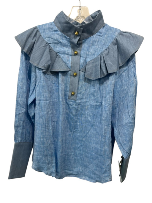 Tuckernuck Size S Blue Linen Long Sleeve Ruffle Shoulder Detail Button Front Top Blue / S