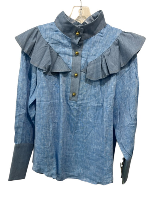 Tuckernuck Size S Blue Linen Long Sleeve Ruffle Shoulder Detail Button Front Top Blue / S