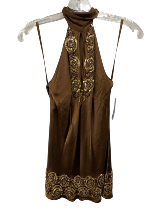 Walter Size 2 Brown Silk Beaded & Sequined Tie Neck Halter keyhole front Top Brown / 2