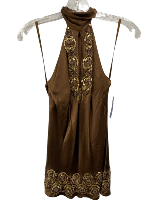 Walter Size 2 Brown Silk Beaded & Sequined Tie Neck Halter keyhole front Top Brown / 2