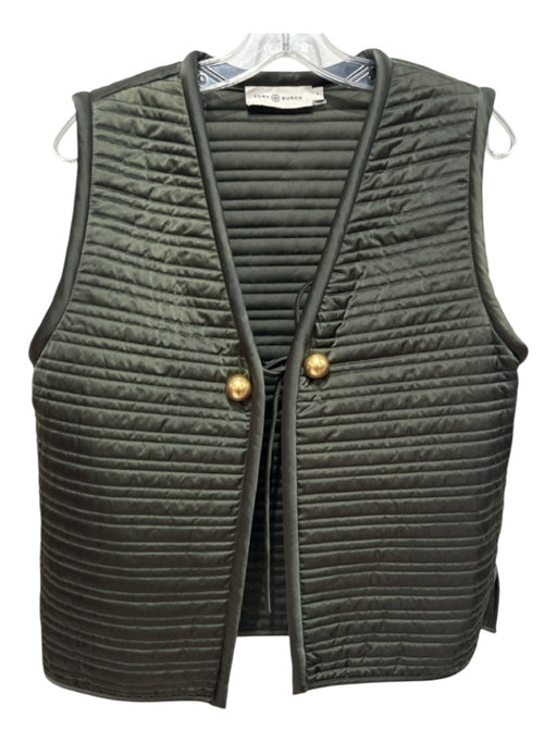 Tory Burch Size 4 Olive Green Nylon Satin Tie Closure Gold Tone Hardware Vest Olive Green / 4
