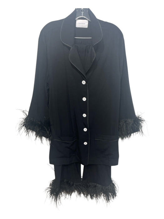 Sleeper Size L Black Viscose Feather Trim Mother of Pearl Buttons Pant Set Black / L