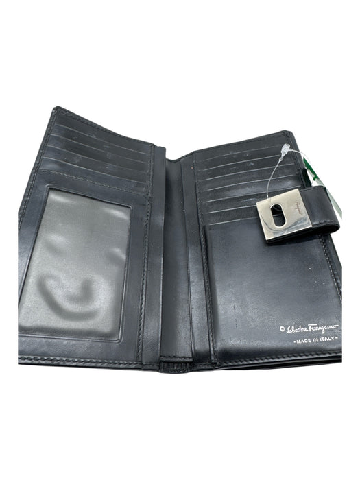 Salvatore Ferragamo Black Leather silver tone hardware Turn Lock Bifold Wallets Black